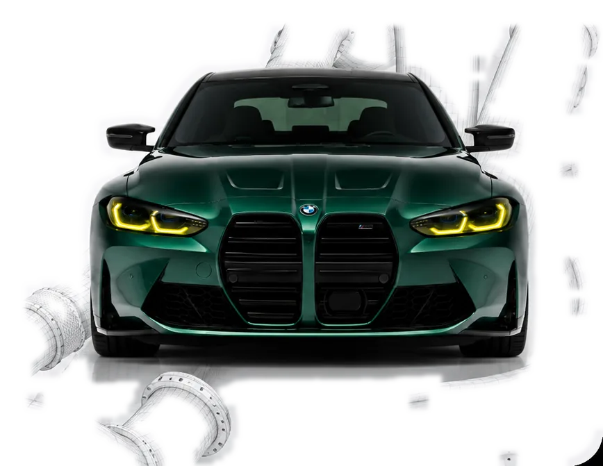 BMW with an engineering wireframe of Downpipe Systems exhaust pipes